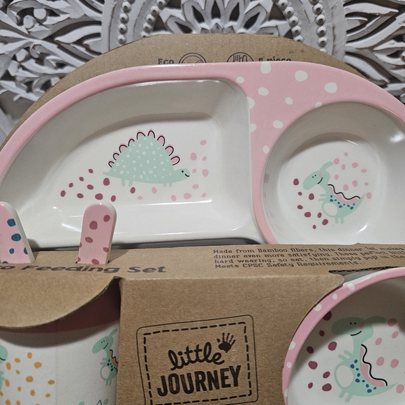 NEW Little Journey 5pc Bamboo Dinsour Kids Feeding Set Plate Cup Bowl Spoon Fork - Picture 2 of 6